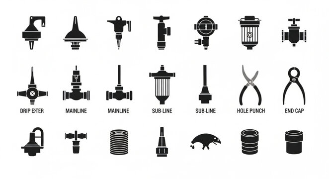 Collection of Industrial Mechanical Components and Tools Icons.