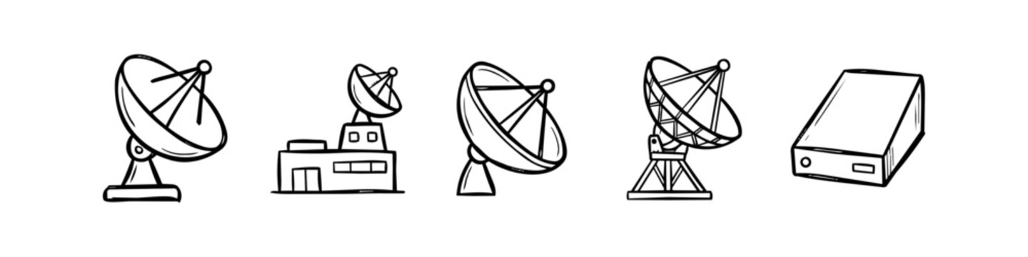 Hand-drawn set of satellite dish and receiver icons in a minimalist black line art doodle style, perfect for telecommunications, technology, and broadcasting themes.