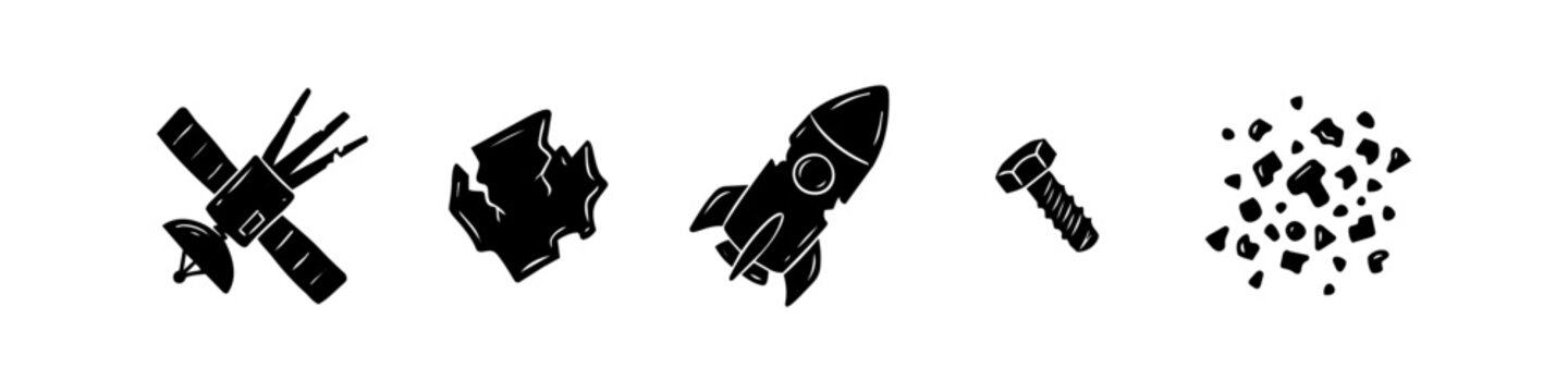 Set of black silhouette icons representing space debris, including a broken satellite, rocket, metal bolt, and floating fragments. Ideal for concepts about orbital pollution and space waste.