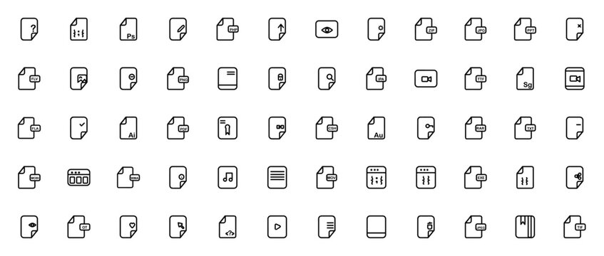 File type icon set. Vector file format symbols collection. Includes File, PDF, JPG, ZIP, MPG, PNG, APK, GIF, DOC and more. Editable stroke line icons.