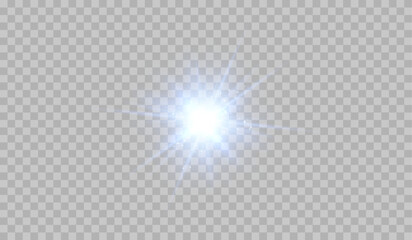 Blue lens flare with a starburst effect on a transparent background. A glowing beam of particles radiating energy. Vector illustration, sparkle, magic light. © Ihor Nemynushchyi