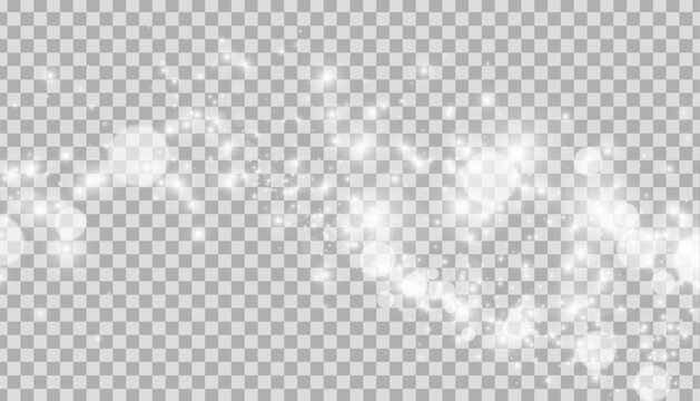Sparkling silver dust with a soft glow against a light background with a bokeh effect. Stardust flares, sparkles, lens flare, and lens flare enhance the magic of this festive vector illustration.