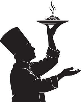 Black silhouette of chef presenting dish white