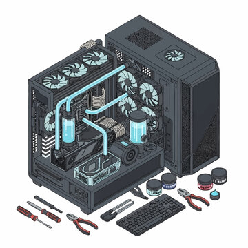 Isometric illustration of computer hardware upgrade.
