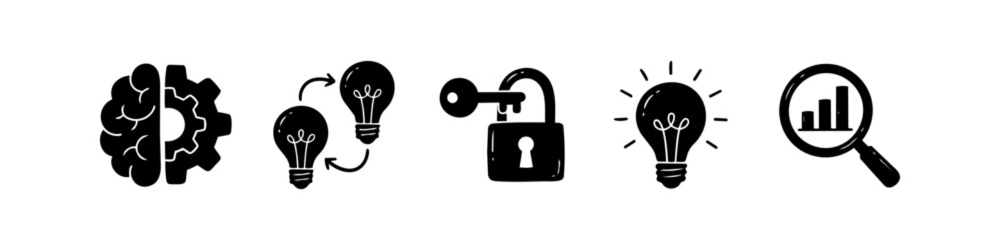 Set of five hand-drawn business icons in a black doodle style, including brain-gear, idea exchange, lock and key, light bulb, and magnifying glass with a bar chart on a white background.