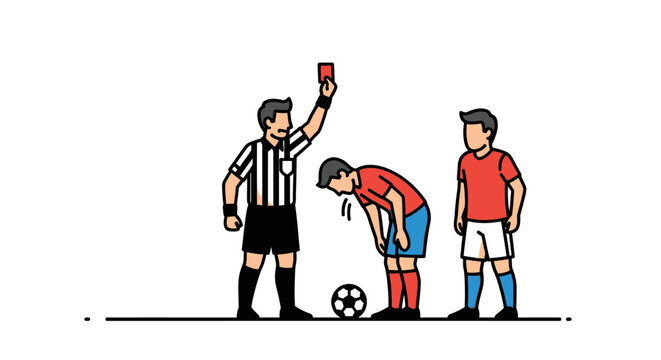 Soccer Referee Shows Red Card to Fouled Player During Match.