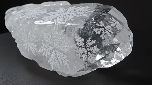 Stunning clear crystal with intricate white dendritic fern patterns showcasing delicate natural ice-like formations on a dark background