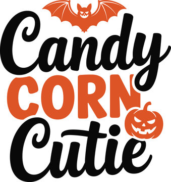 Black and orange candy corn text with orange pumpkin and leaf