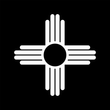 Zia white symbol isolated on black background. New Mexico state simple logo mockup. Ancient native Americans silhouette sign flat icon.