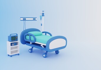 Fototapeta premium A hospital bed with patient monitoring equipment, an IV, and a copy-space. Concepts for hospitalization, intensive care, treatment, recovery, telemedicine, and digital healthcare systems. 
