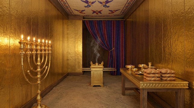 Medium shot of Tabernacle Holy Place interior, golden menorah left, table of showbread with twelve loaves right