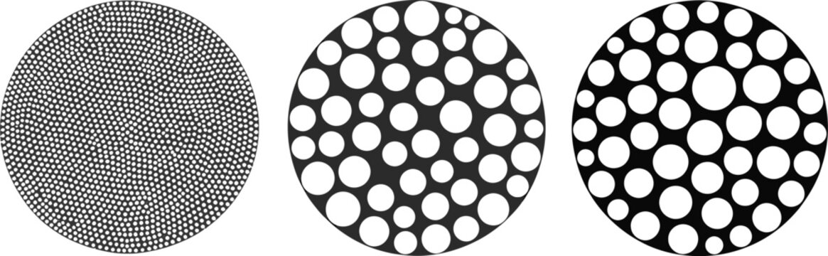 Abstract geometric gobo pattern with circles and dots, false stingray skin texture, black and white silhouette background of gobo light effect, vector illustration ideal for stage lighting, textures, 