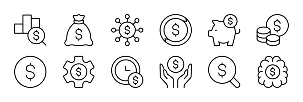 Dollar thin line icon set. USD Currency, American US Money, Finance, Banking, Financial concept. Black outline vector icons collection.
