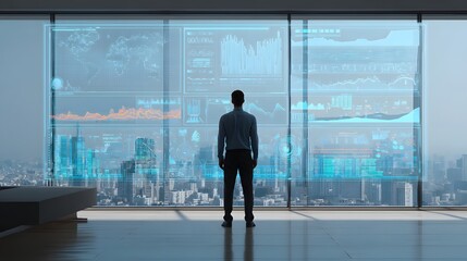 Fototapeta premium A lone businessman surveys a futuristic city skyline filled with glowing holographic financial data displays and charts, representing corporate growth and economic analysis