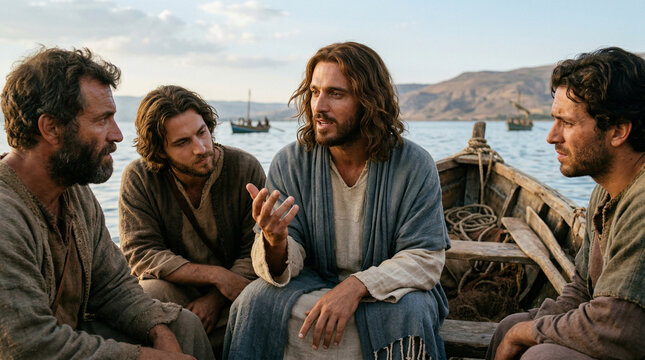 Jesus teaching disciples in boat on sea, medium close-up, calm authority, serene biblical scene