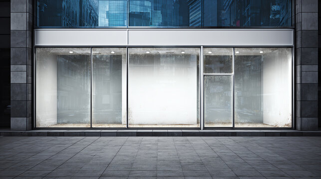 Modern commercial building facade with empty glass storefront and minimalistic design, suitable for various business concepts.