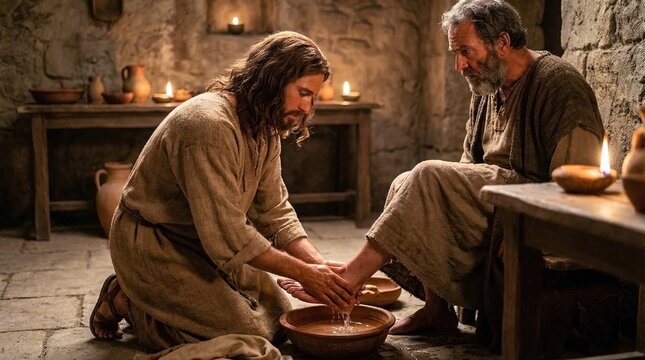 Jesus washing disciple feet in basin, humility and servant leadership, intimate biblical scene, foot washing