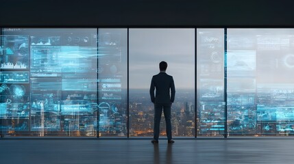Fototapeta premium Businessman looking at glowing futuristic city data displays through a modern office window, representing corporate vision and technological advancement in a smart city