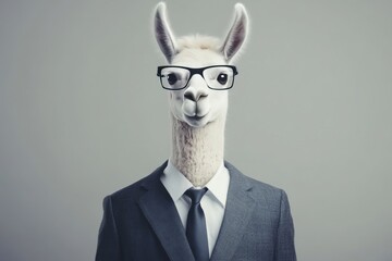 Fototapeta premium White llama in formal suit and glasses poses for studio portrait as if ready for business meeting or interview