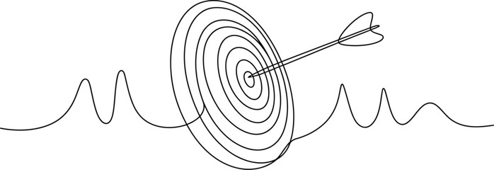 Single continuous line drawing of a target board with an arrow hitting the bullseye representing business success and achieving goals. © ALBART