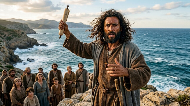 James son of Zebedee preaching on rocky shore in Spain, sea background, apostle missionary scene