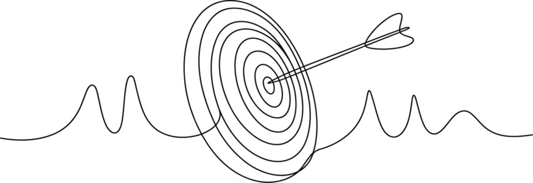 Single continuous line drawing of a target board with an arrow hitting the bullseye representing business success and achieving goals.