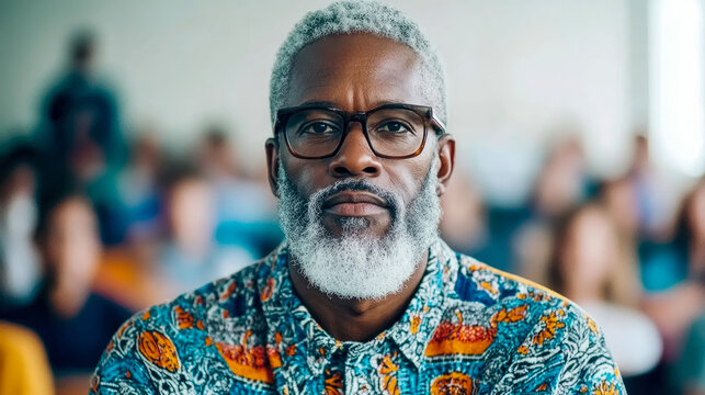 Portrait of distinguished Black man with salt-and-pepper beard and beard, wearing colorful patterned shirt and glasses, looking directly at camera with blurred background of people in classroom or mee