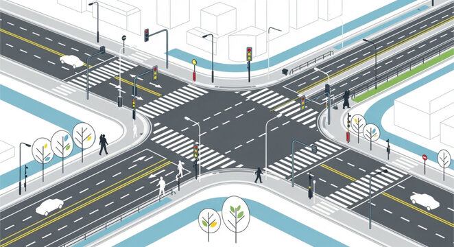 Modern city intersection with traffic and pedestrians crossing.