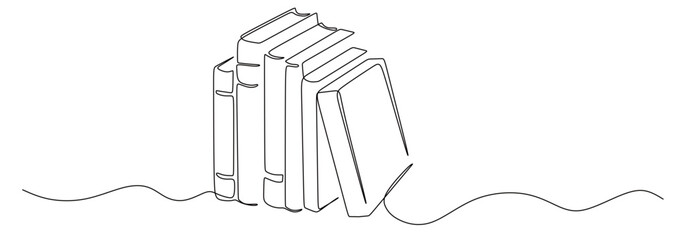 a continuous line drawing of a row of books standing upright and one book tilted. vector image with white background © mamat