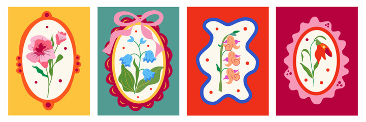 Set of vintage floral poster with hand drawn flowers in colorful frame. Rustic cottagecore print for wall art, greeting cards, scrapbooking, interior decor.  © Sinta Alfa