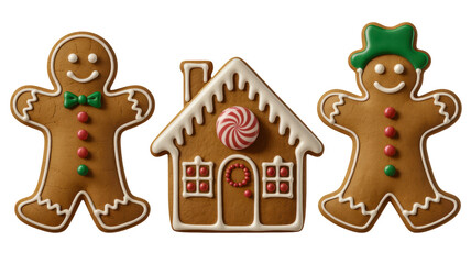 Fototapeta premium A delightful collection of classic holiday gingerbread characters and a cozy candy-decorated house, perfect for festive celebrations on transparent background. on transparent background