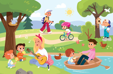 Fototapeta premium Families with children enjoy a picnic and do activities on a summer day. Vector. Kids and parents spend their day off in a nature park, walking, doing boat rides. Family getaway in a beautiful park, a