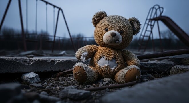 Tattered Teddy Bear Sits Amongst Debris