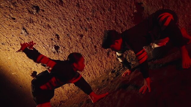 Inside a warm-lit, earthen cave, a man and a woman perform a traditional and powerful martial arts dance. Their synchronized, intense movements tell a story of warriors, ritual, and ancient culture.