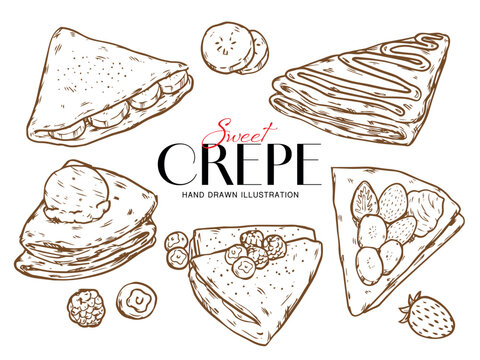 Set of hand drawn sweet crepe recipe outline drawing illustration
