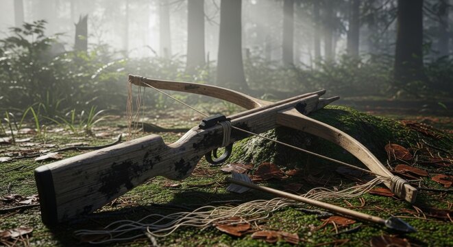 Broken Wooden Crossbow Found in Misty Forest