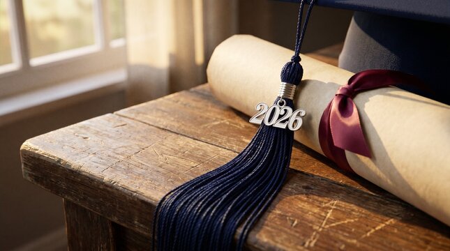 Class of 2026: Black Graduation Cap and Tassel on a Wooden Table