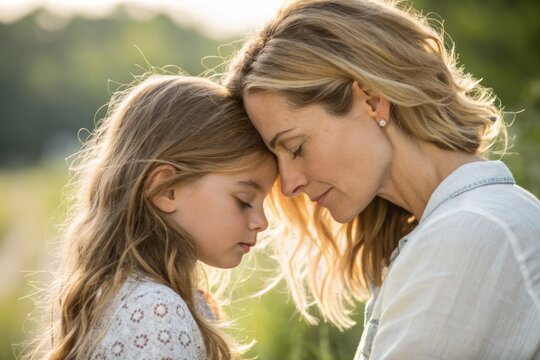Tender Moment Between Mother and Daughter in Bright Natural Outdoor Setting with Soft Lighting