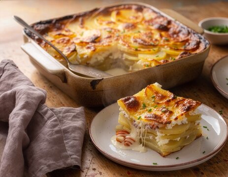 Ziemniaki "Dauphinoise" z wędzonym serem. Zapiekanka ziemniaczana. Ziemniaki krojone na mandolinie, przekładane wędzonym twarogiem i śmietaną, z chrupiącą sk&oacute;rką.