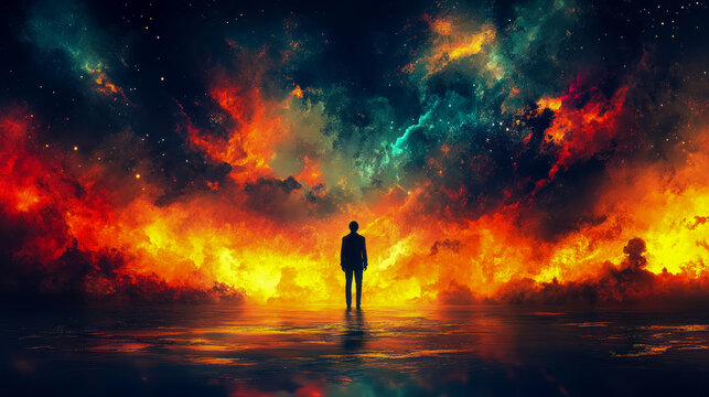 Solitary silhouette stands on reflective surface, gazing out at celestial panorama ablaze with fiery nebulae, swirling clouds, and distant stars, evoking sense of awe and cosmic wonder.