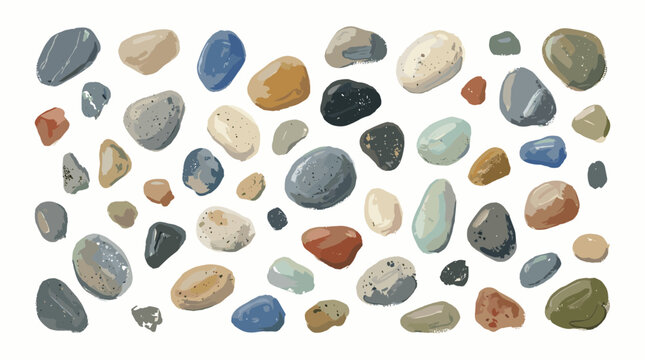 Collection of smooth, colorful, and varied river stones and pebbles scattered on a white background, perfect for natural design elements and textures