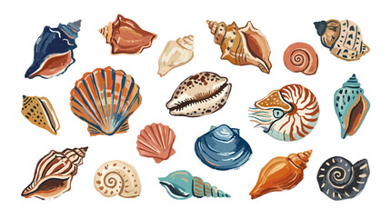 Fototapeta premium Collection of diverse seashells and marine life forms in various colors and textures, perfect for beach themes and ocean decor