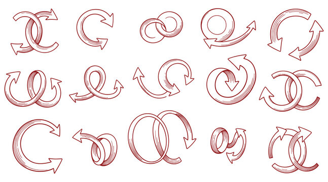 Red circular arrow collection with engraved lines in this professional vector illustration for business