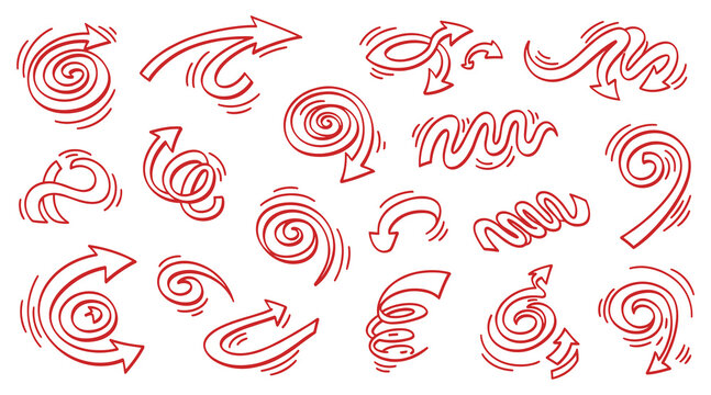 Red spiral arrow doodle collection for creative marking and emphasis in this detailed vector illustration for design