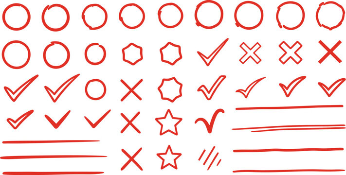 Red hand drawn check marks and circles for correction review set vector illustration