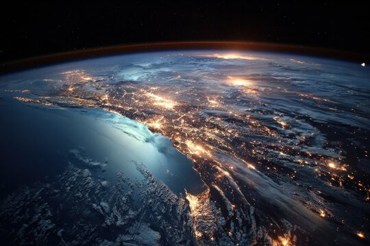 Nighttime Earth from Space: Vibrant City Lights Over Ocean and Land