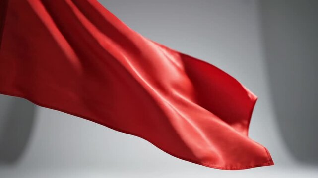 Solid red flag waving in the wind against a clean white studio background.