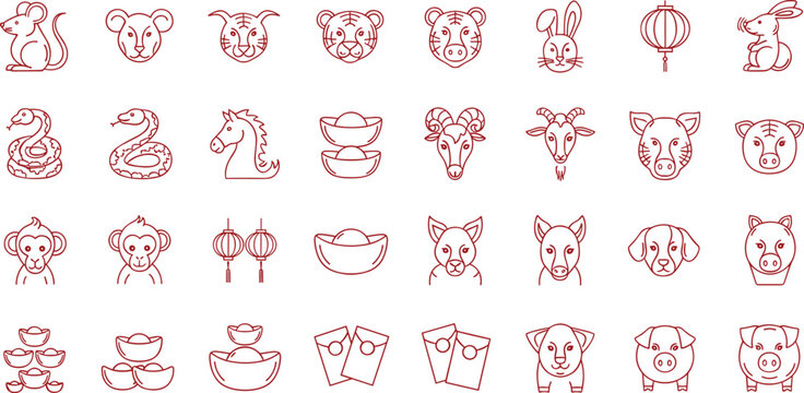 Lunar zodiac red outline animal icons set vector illustration festive minimal grid pack lanterns ingots