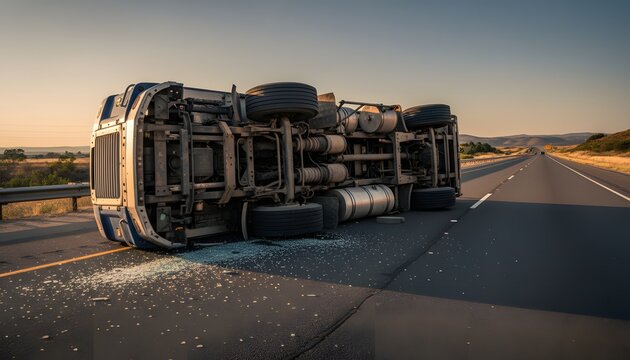 Overturned trailer truck lying across a highway after a major accident representing a road safety concept for insurance, logistics risk, and transportation danger on the roads