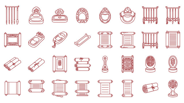 Chinese calligraphy stationery set with traditional brushes ink stones paper scrolls and seal vector illustration